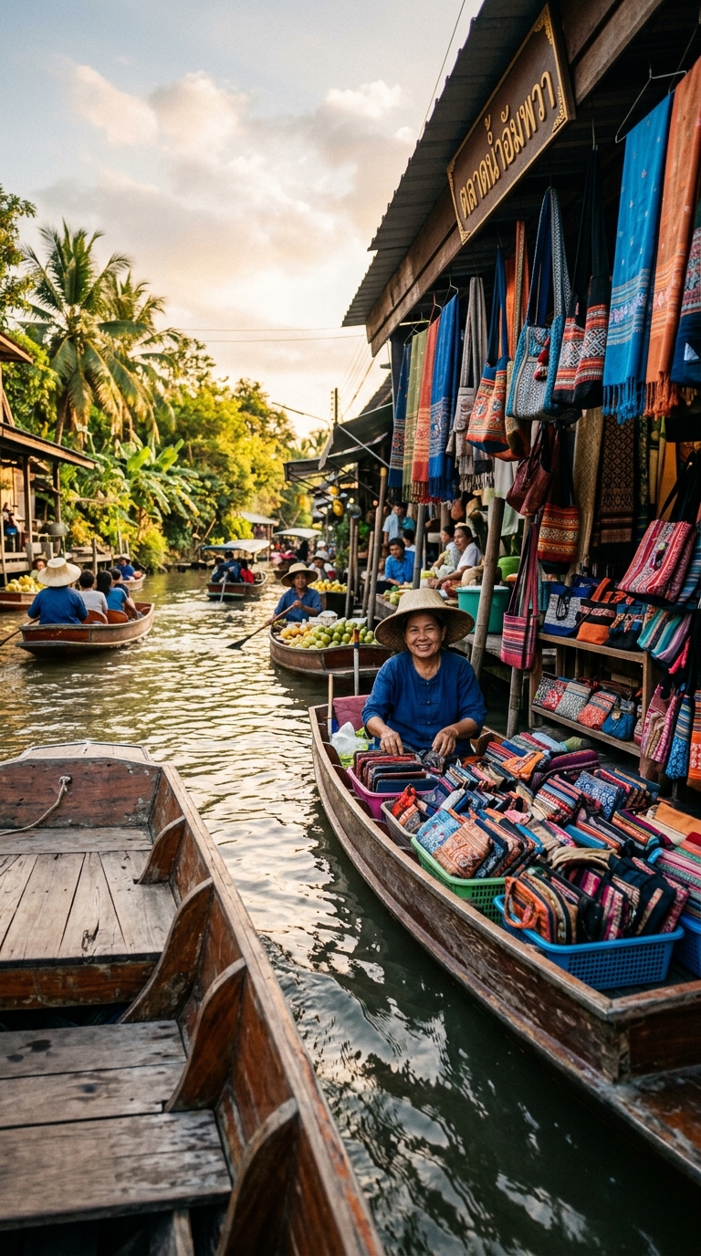 Illustrative Thai market concept scene with colourful stalls