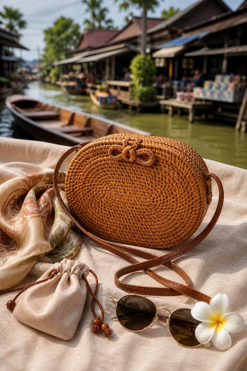 No-person lifestyle setup with woven bag and accessories